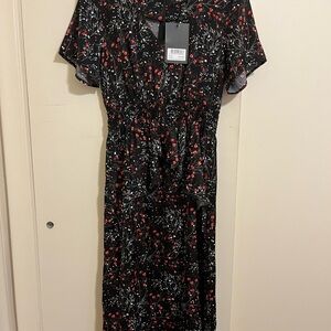 Pink and Red Flutter Sleeve Sheath Midi Dress